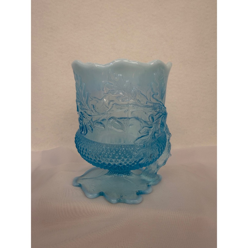 Mosser Blue Opalescent Glass Oak Leaf and Acorn Spooner Scalloped Vase